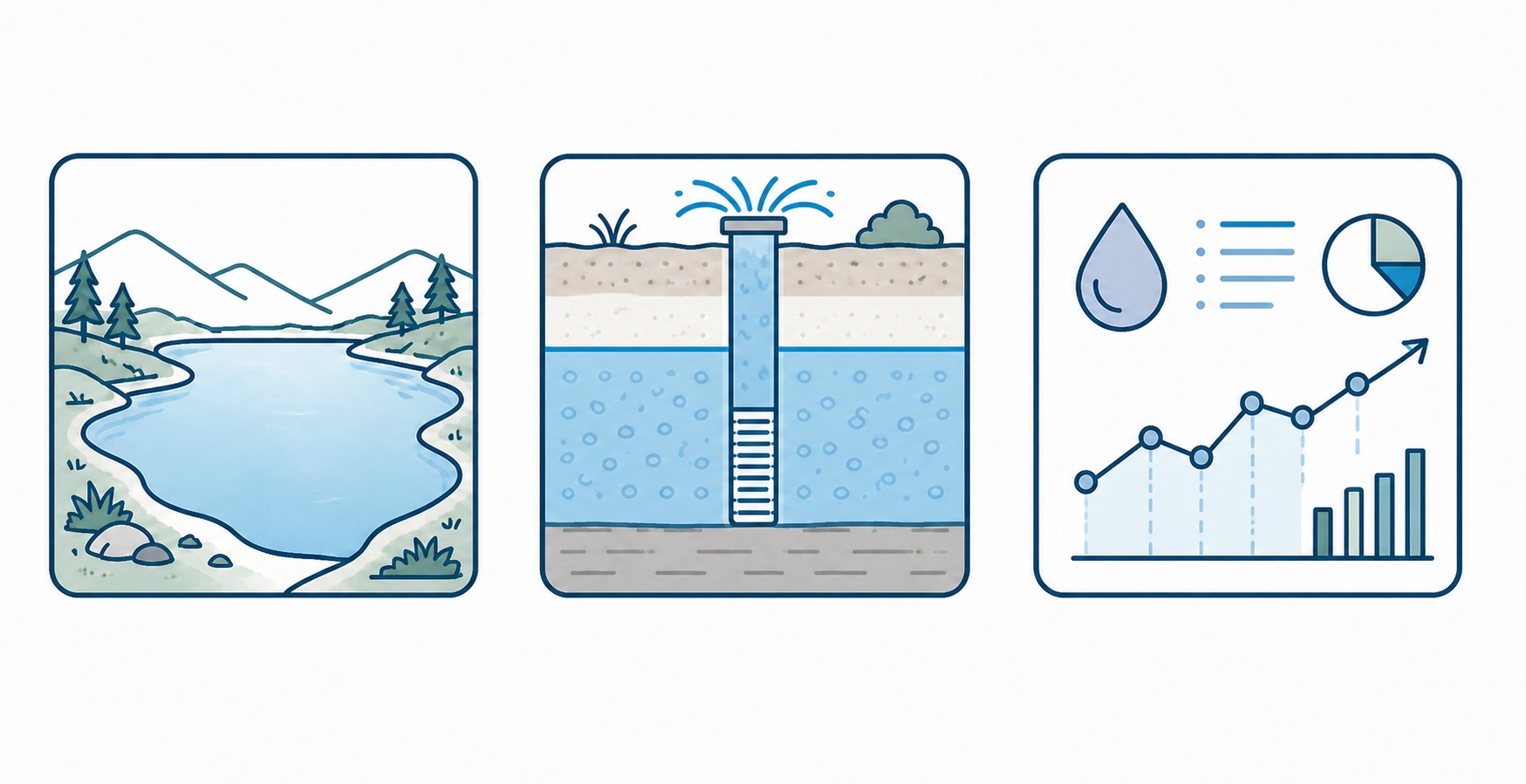 Reservoir, groundwater well, and data science service icons